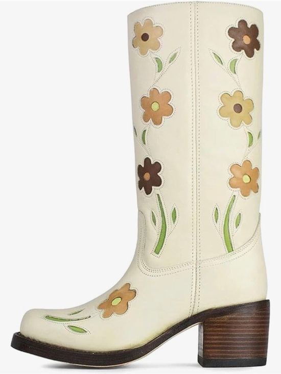 KISTANIA Shoes - NWT-Knee High Riding Boots with Flowers Square Toe Chunky Heel Motorcycle Boots